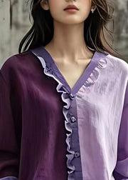 Women Purple V Neck Ruffled Patchwork Tops Long Sleeve