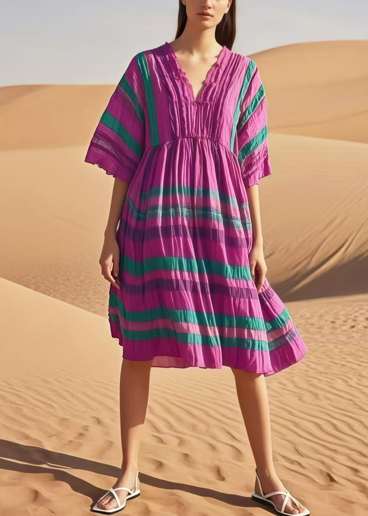 Women Purple V Neck Striped Cotton Day Dresses Summer