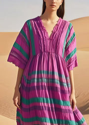 Women Purple V Neck Striped Cotton Day Dresses Summer