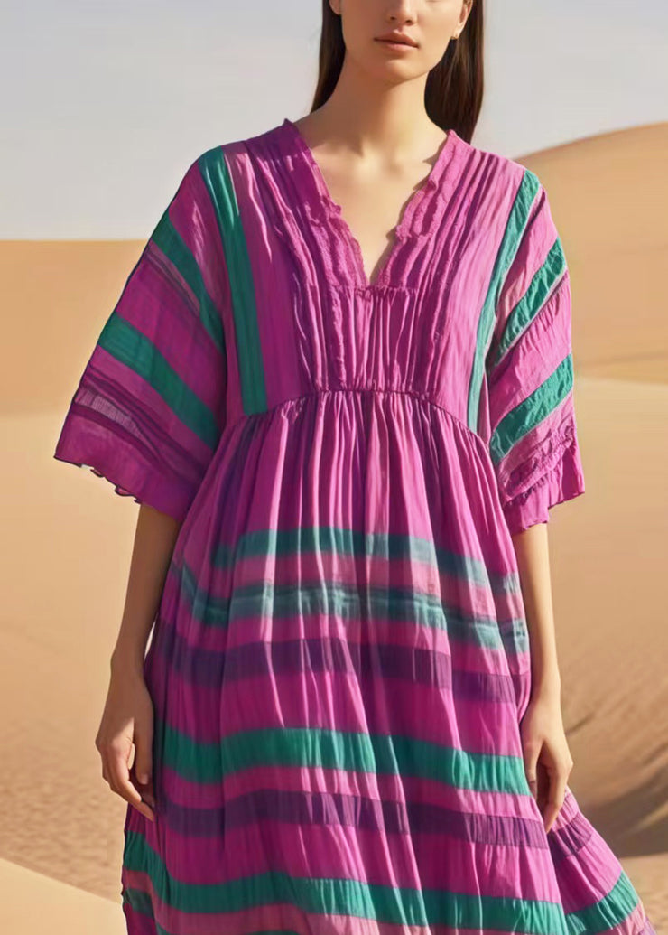 Women Purple V Neck Striped Cotton Day Dresses Summer