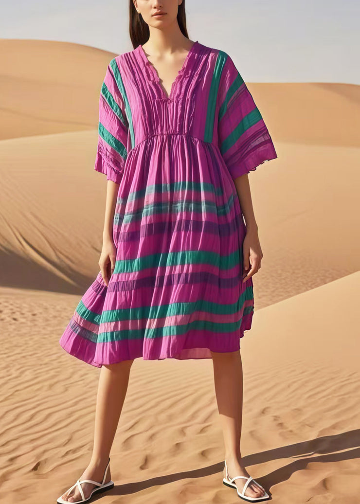 Women Purple V Neck Striped Cotton Day Dresses Summer