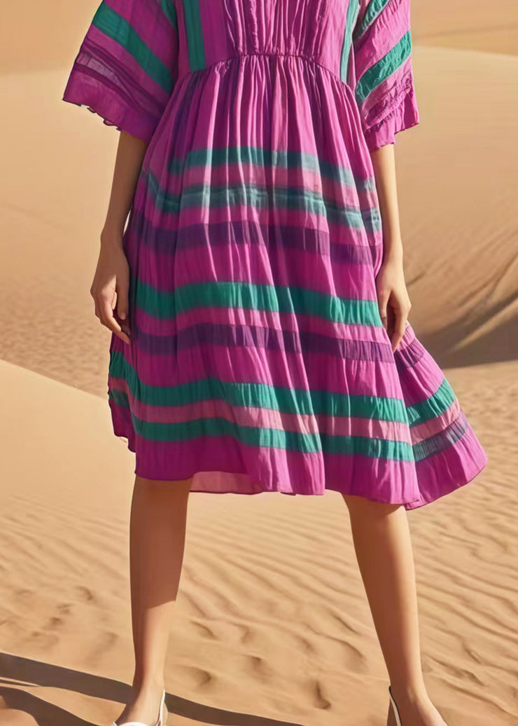 Women Purple V Neck Striped Cotton Day Dresses Summer