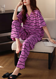 Women Purple V Neck Striped Pockets Cotton Pajamas Two Pieces Set Summer