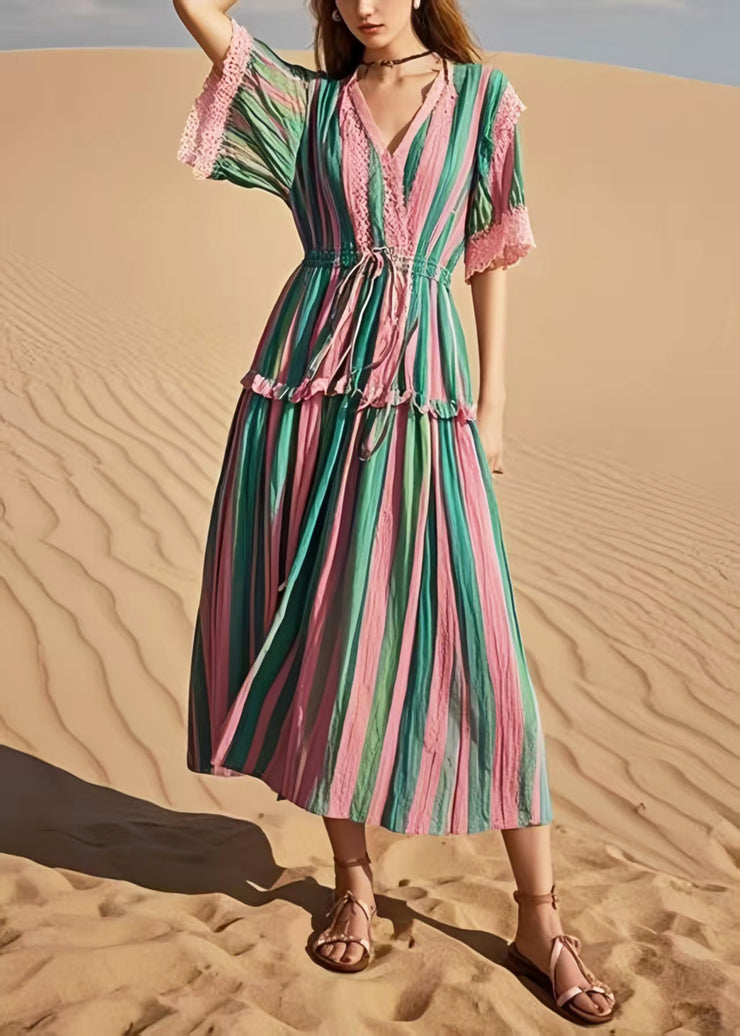 Women Rainbow Cinched Striped Cotton Holiday Dress Summer