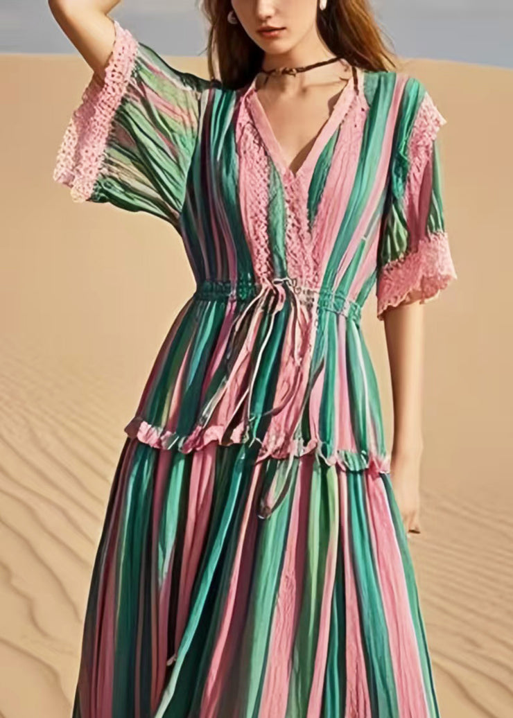 Women Rainbow Cinched Striped Cotton Holiday Dress Summer