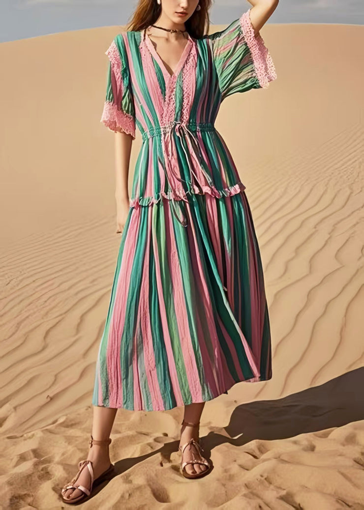 Women Rainbow Cinched Striped Cotton Holiday Dress Summer