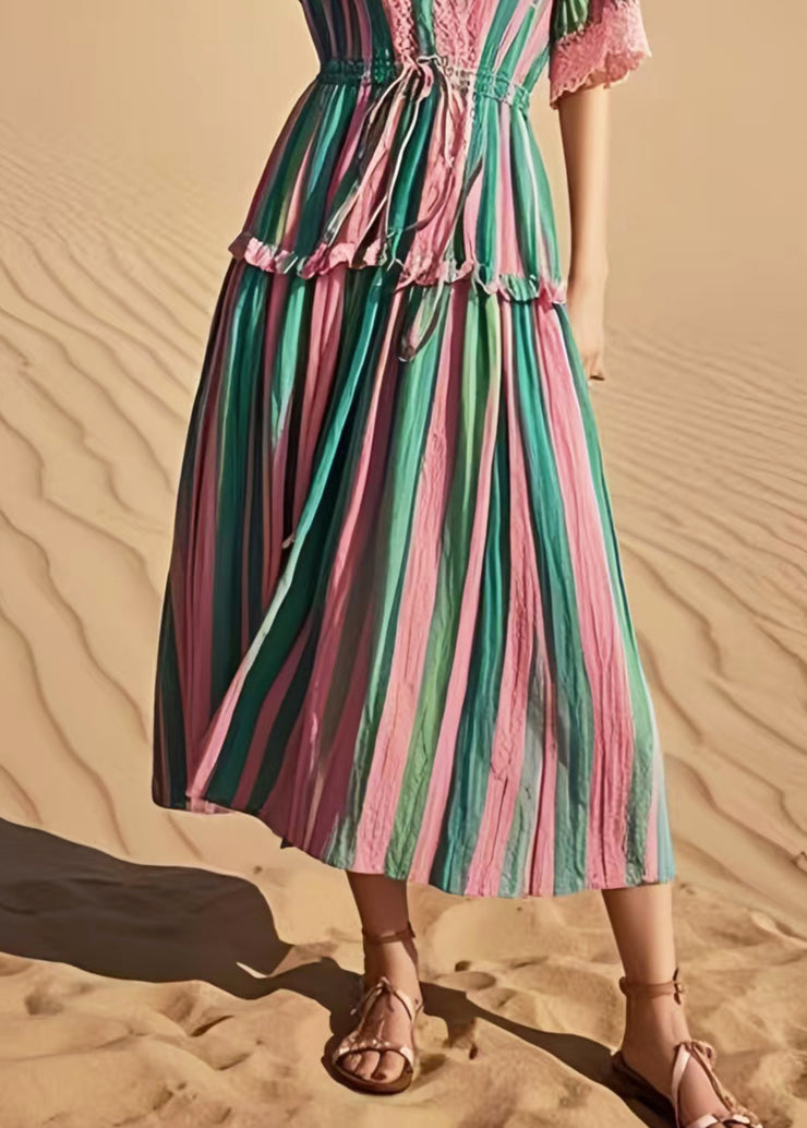 Women Rainbow Cinched Striped Cotton Holiday Dress Summer
