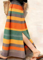 Women Rainbow Elastic Waist Side Open Knit Skirt Winter
