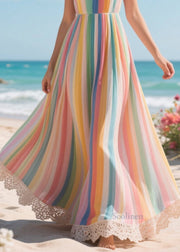 Women Rainbow Oversized Striped Chiffon Beach Dress Summer