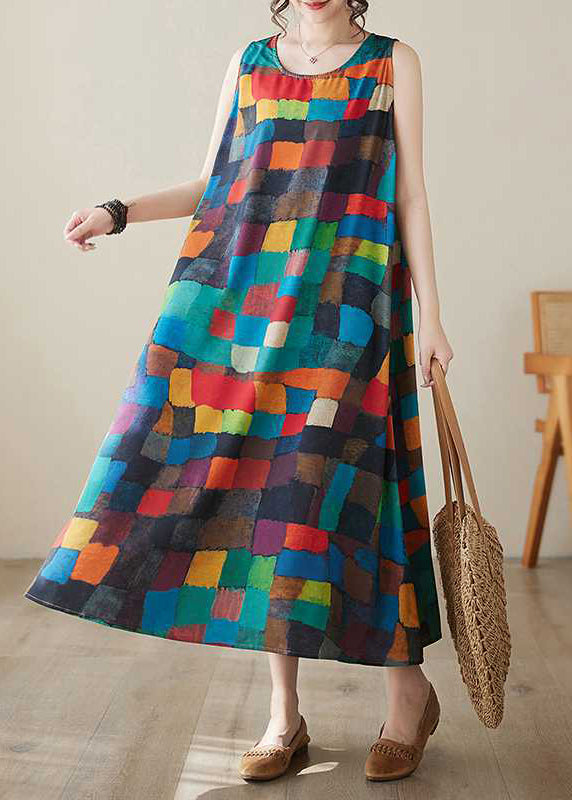 Women Rainbow Plaid O-Neck Maxi Dress Summer