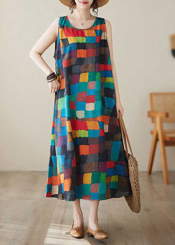 Women Rainbow Plaid O-Neck Maxi Dress Summer