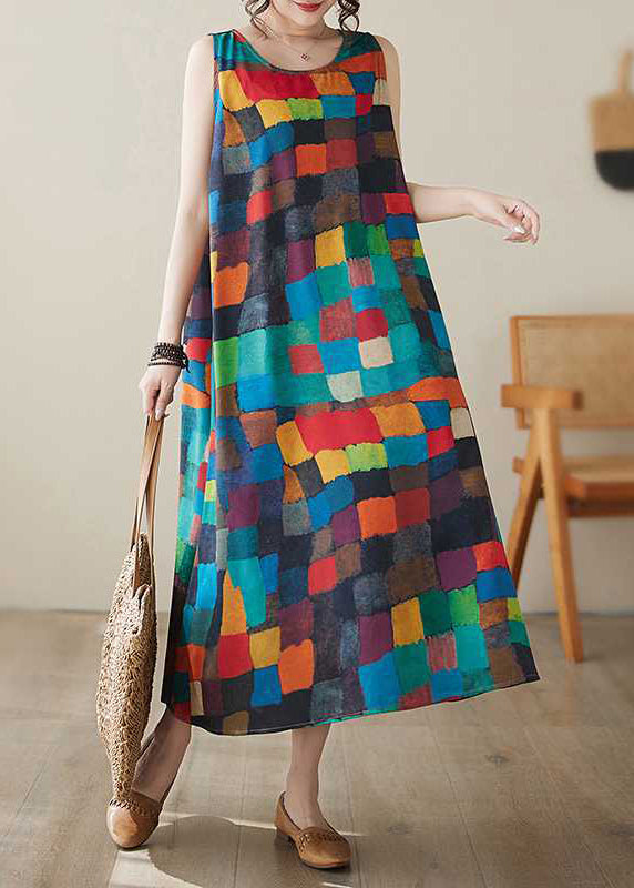 Women Rainbow Plaid O-Neck Maxi Dress Summer