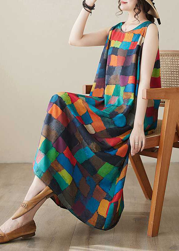 Women Rainbow Plaid O-Neck Maxi Dress Summer