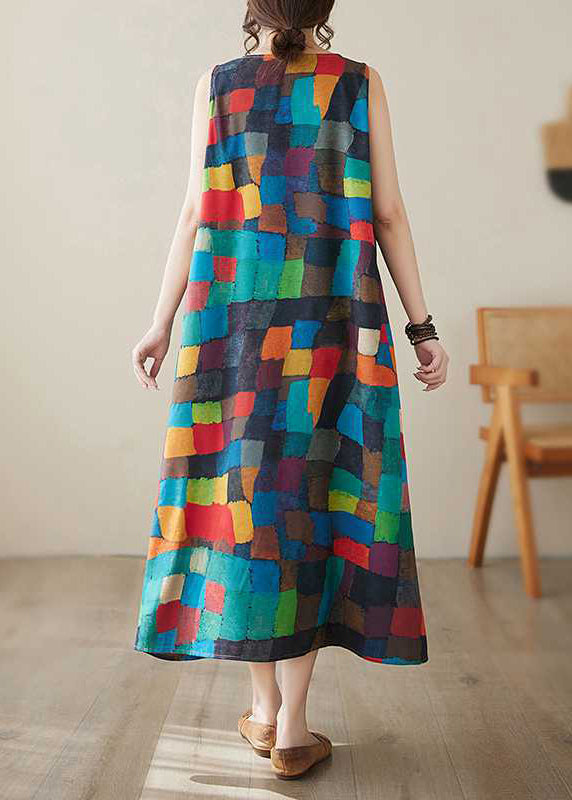 Women Rainbow Plaid O-Neck Maxi Dress Summer