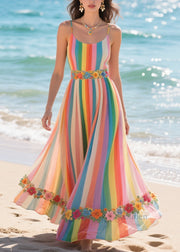 Women Rainbow Striped Patchwork Flower Chiffon Sundress Summer