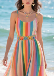 Women Rainbow Striped Patchwork Flower Chiffon Sundress Summer