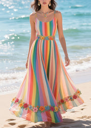 Women Rainbow Striped Patchwork Flower Chiffon Sundress Summer