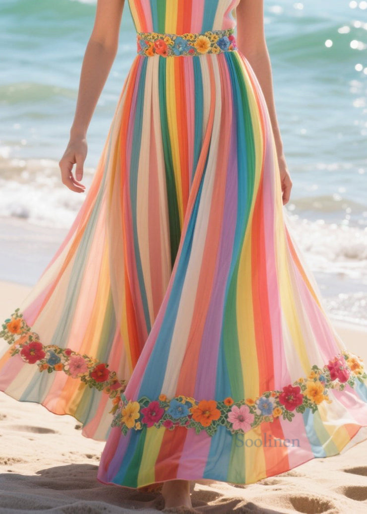 Women Rainbow Striped Patchwork Flower Chiffon Sundress Summer