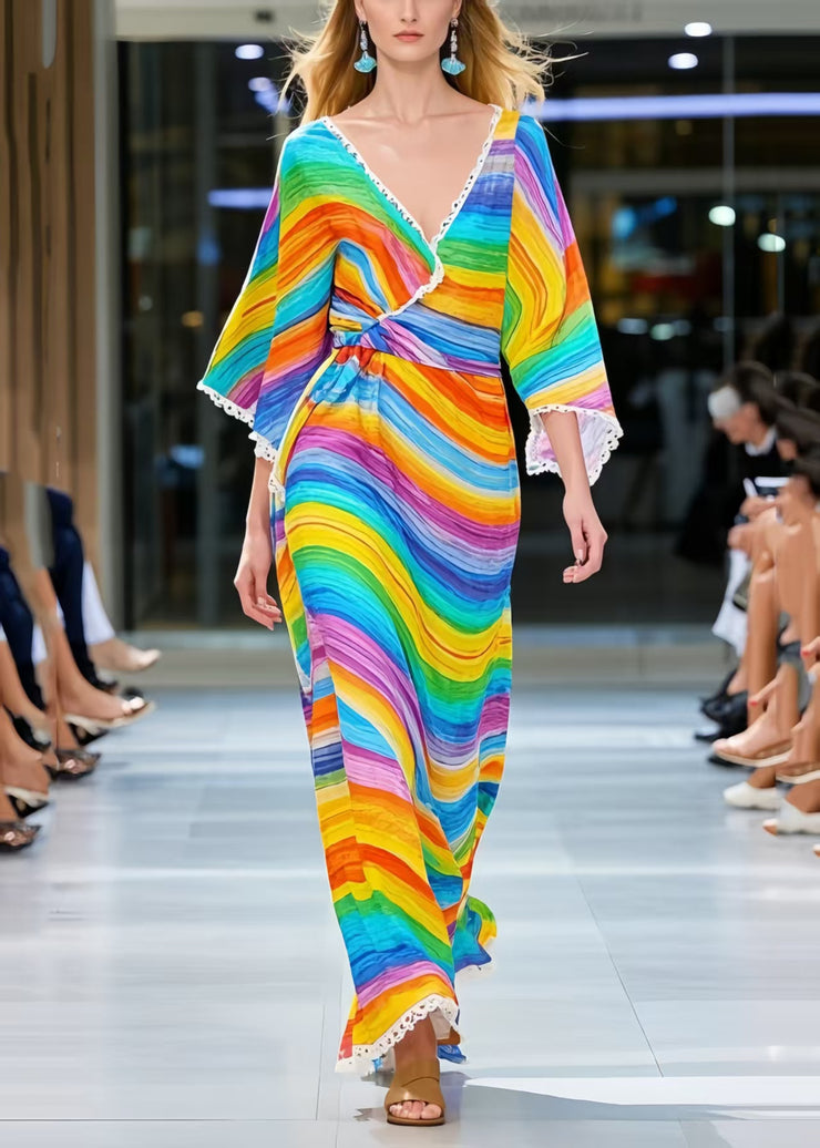 Women Rainbow V Neck Striped Chiffon Dress Summer