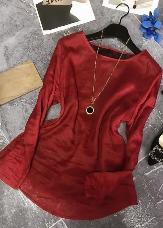 Women Red Back Lace Up Patchwork Cotton Tops Fall