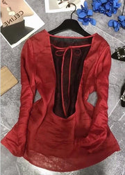 Women Red Back Lace Up Patchwork Cotton Tops Fall