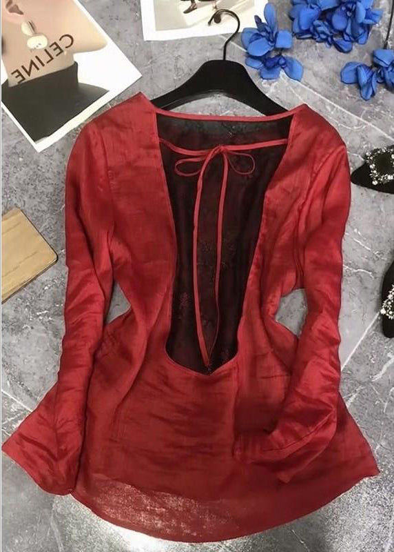 Women Red Back Lace Up Patchwork Cotton Tops Fall