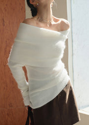 Women Red Cold Shoulder Wool Knitted Tops Winter