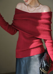 Women Red Cold Shoulder Wool Knitted Tops Winter