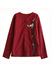 Women Red Embroideried Patchwork Cotton Cardigans Coats Spring