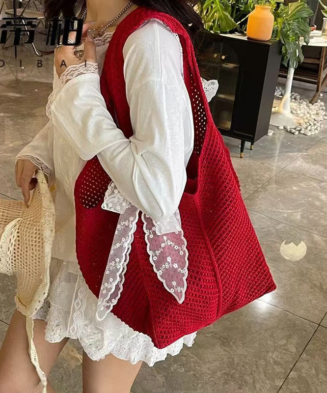 Women Red Hollow Out Large Capacity Knit Shoulder Bags