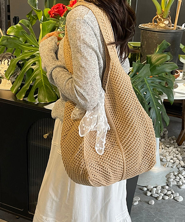 Women Red Hollow Out Large Capacity Knit Shoulder Bags