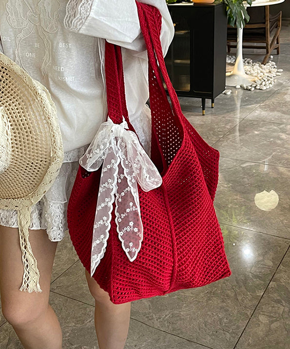 Women Red Hollow Out Large Capacity Knit Shoulder Bags