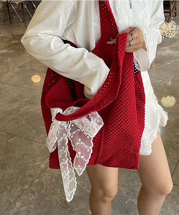 Women Red Hollow Out Large Capacity Knit Shoulder Bags