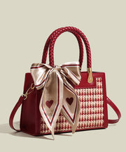 Women Red Jacquard Patchwork Faux Leather Tote Handbag