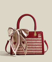 Women Red Jacquard Patchwork Faux Leather Tote Handbag