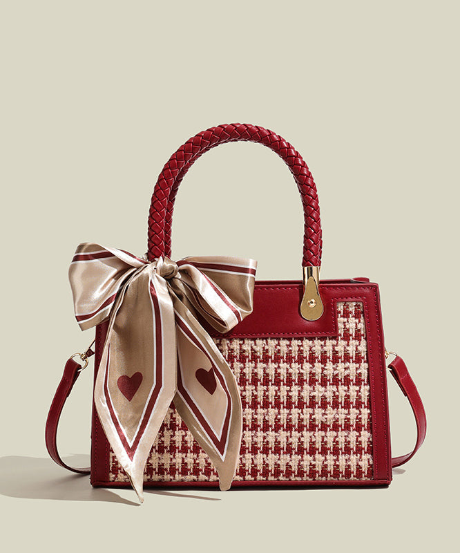 Women Red Jacquard Patchwork Faux Leather Tote Handbag