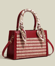 Women Red Jacquard Patchwork Faux Leather Tote Handbag