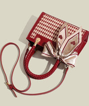 Women Red Jacquard Patchwork Faux Leather Tote Handbag