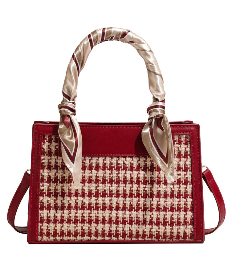 Women Red Jacquard Patchwork Faux Leather Tote Handbag