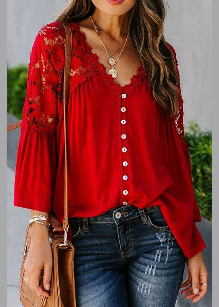 Women Red Lace Patchwork Solid Top Fall