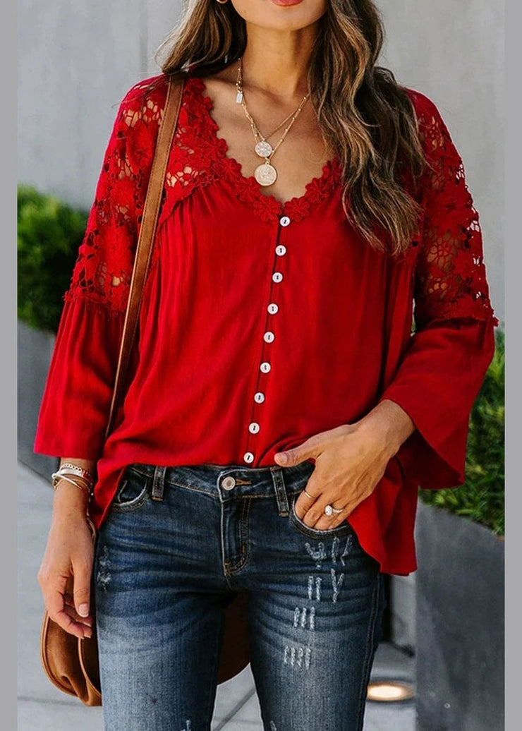 Women Red Lace Patchwork Solid Top Fall