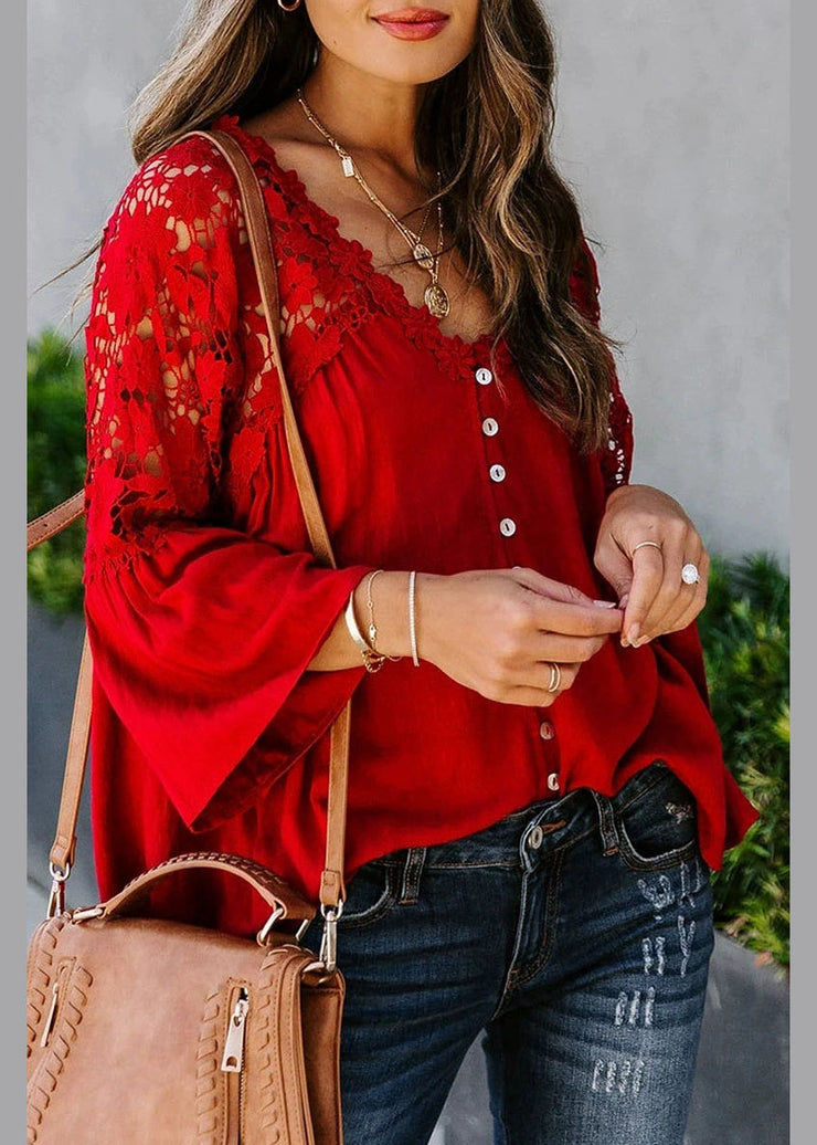 Women Red Lace Patchwork Solid Top Fall
