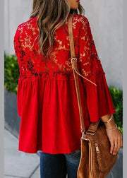 Women Red Lace Patchwork Solid Top Fall