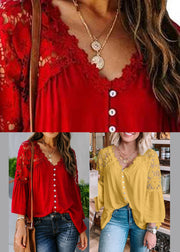 Women Red Lace Patchwork Solid Top Fall