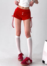 Women Red Lace Up Elastic Waist Cotton Shorts Summer