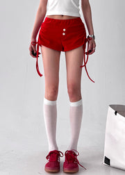 Women Red Lace Up Elastic Waist Cotton Shorts Summer