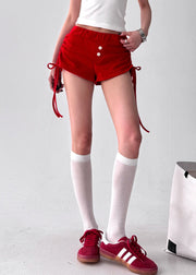 Women Red Lace Up Elastic Waist Cotton Shorts Summer