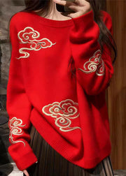 Women Red O Neck Auspicious Clouds Cozy Knit Sweaters Fall