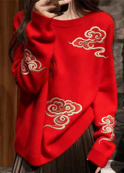 Women Red O Neck Auspicious Clouds Cozy Knit Sweaters Fall