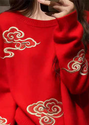 Women Red O Neck Auspicious Clouds Cozy Knit Sweaters Fall